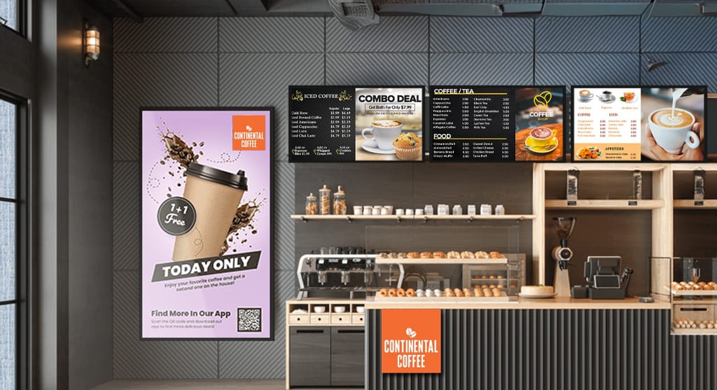 A Continental Coffeeshop with a digital menu board